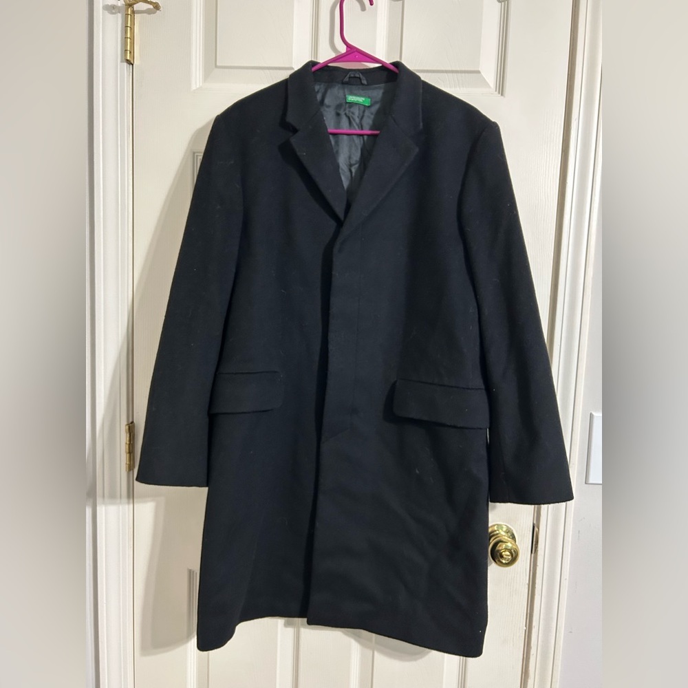 UNITED COLORS OF BENETTON Black Women Long Wool Pea Coat Sz 12 Made In Italy